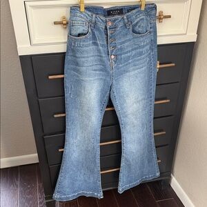 Risen Light Blue High-Rise Button-Fly Flare Jeans